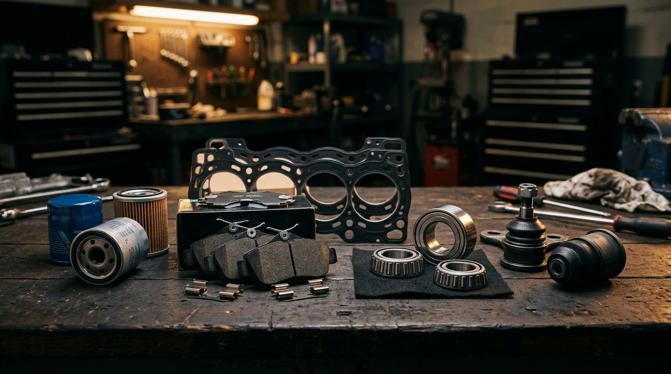 Genuine auto parts on workbench